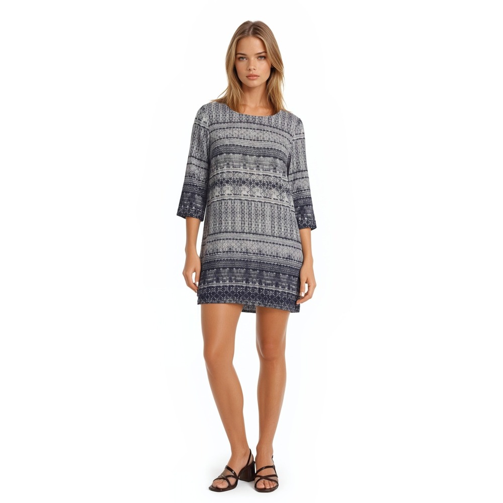 Garnet Hill 100% Linen Dress Women's Size 10 Blue White Ikat 3/4‎ Sleeve Shift